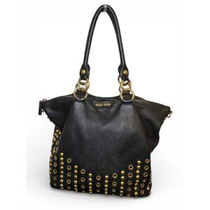 Miu Miu Vitello Studded Leather Tote Shoulder Handbag in Black
